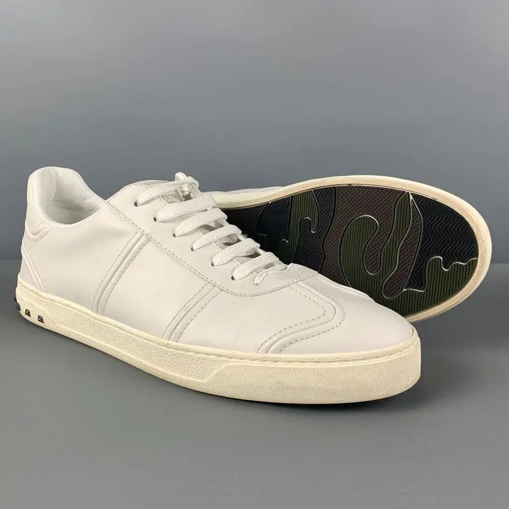 VALENTINO Size 12 White Studded Leather Lace Up Sneakers